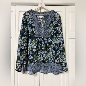 J. Jill Women’s XL Navy Floral Blouse Tunic Sheer Cottagecore Prairie
